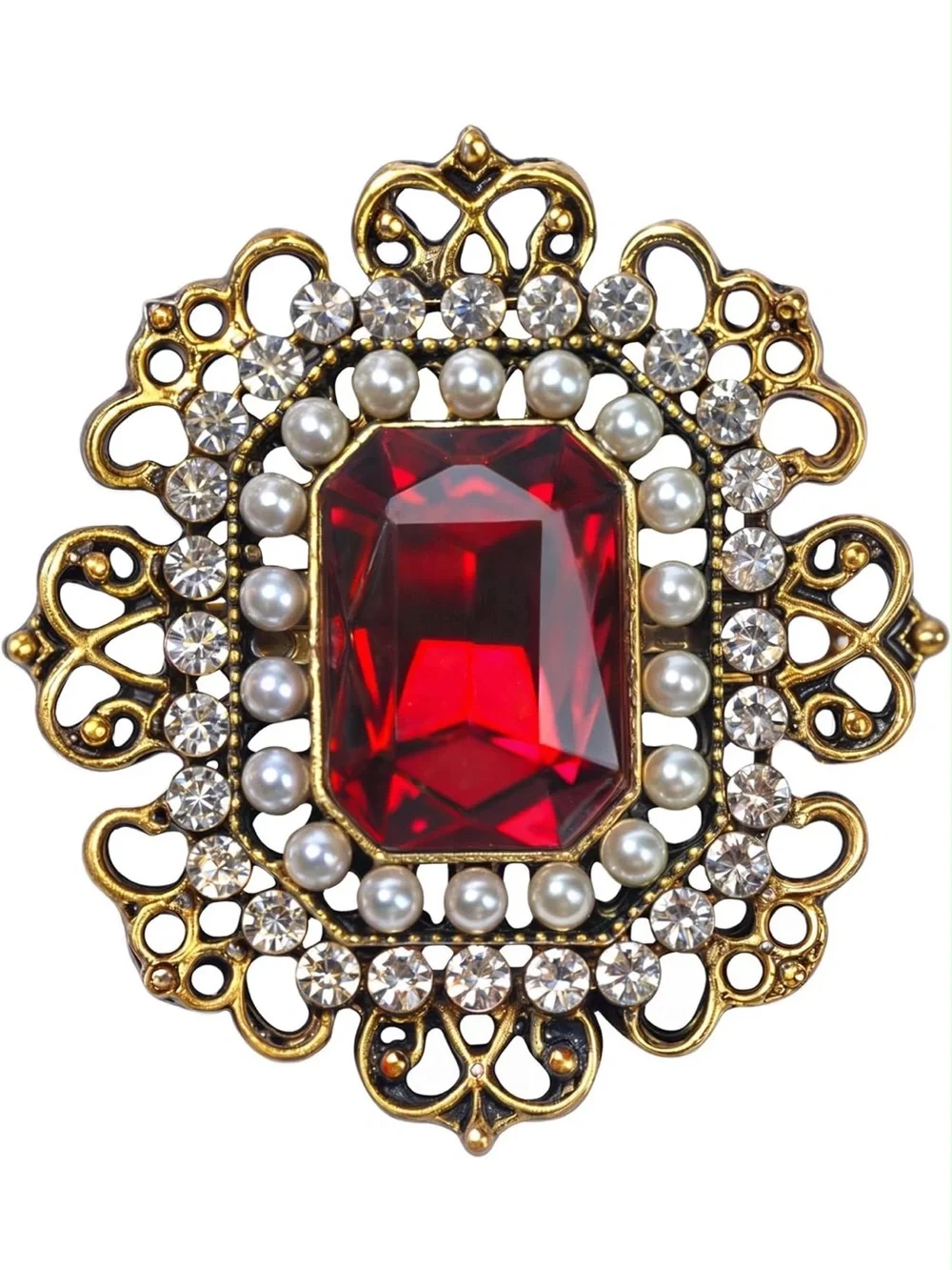 Anthropologie Gold-Tone Brooch with Red Crystal and Pearls
